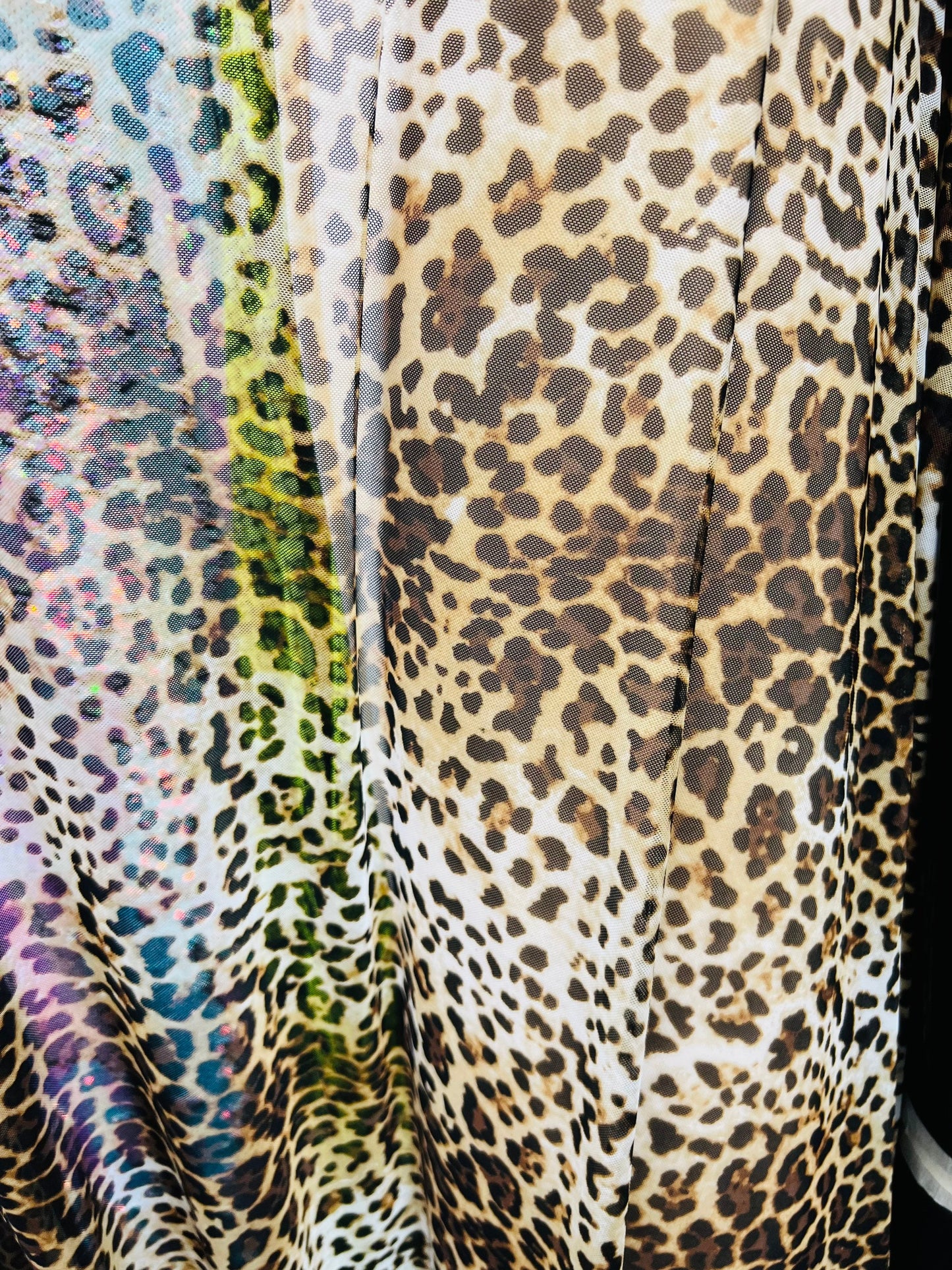 Leopard design print on great quality of power mesh 4-way stretch 58/60” Sold by the YD. Ships worldwide from Los Angeles California USA.