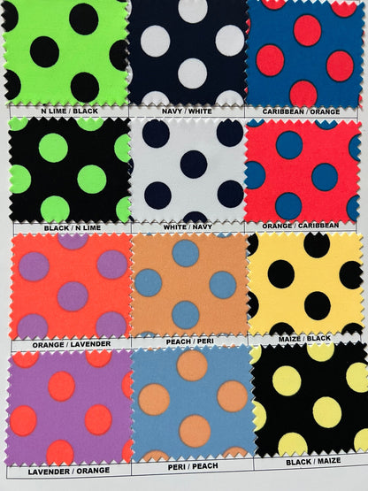 Polka dots design print on best quality of Matte nylon spandex 4-way stretch 58/60” Sold by the YD. Ships worldwide from Los Angeles CA USA.