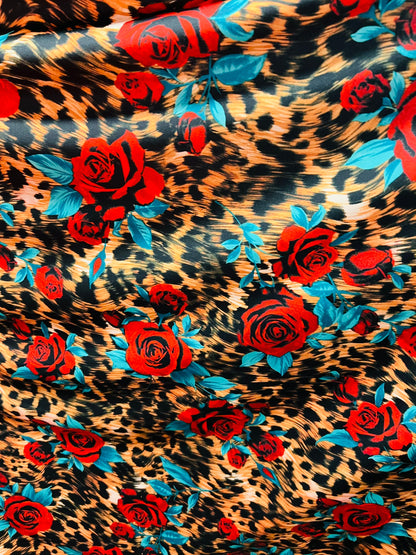 Exotic Leopard design with red flowers print on great quality of nylon spandex 4-way stretch 58/60” Sold by the YD. Ships worldwide from L.A