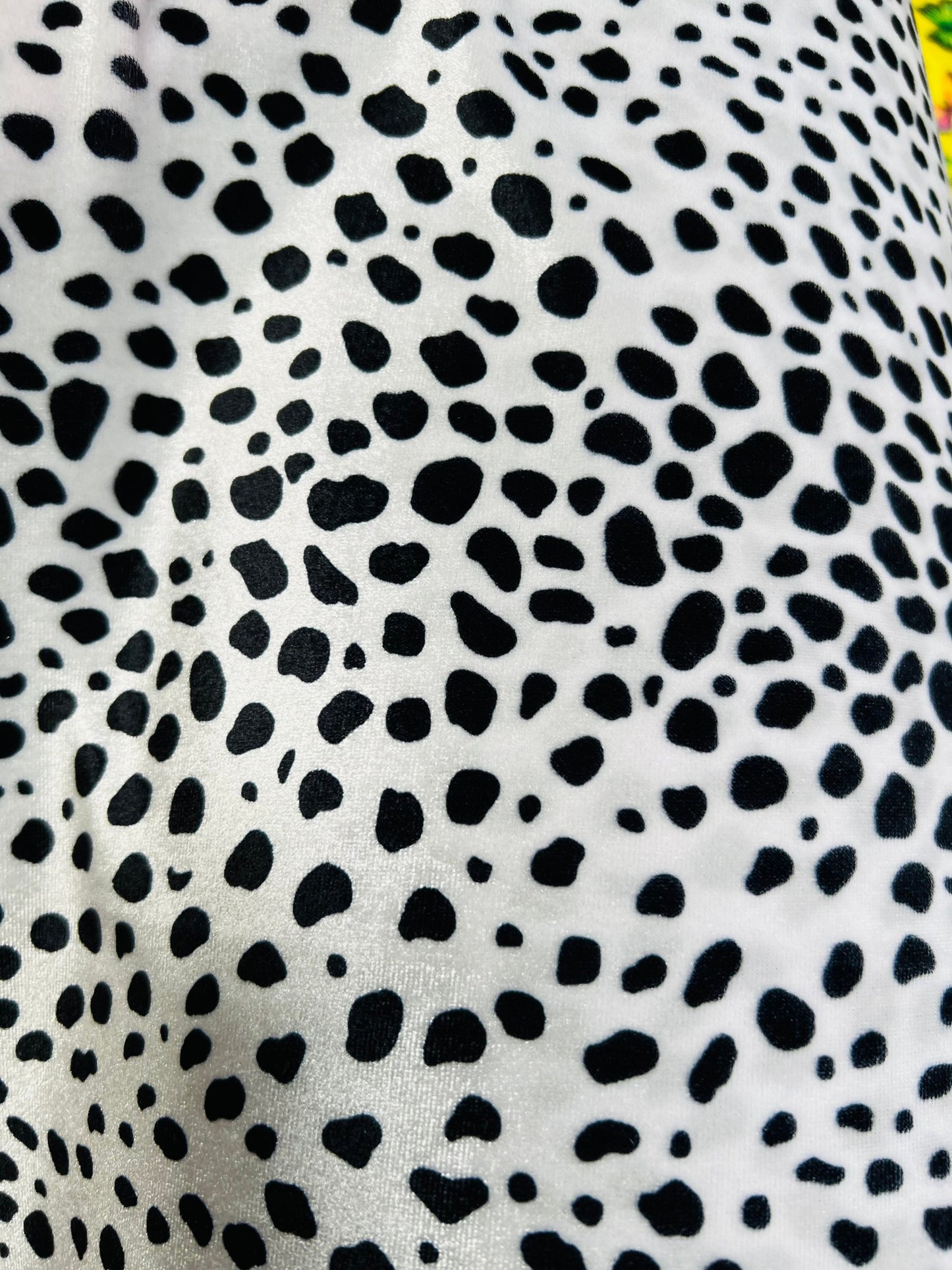 Dalmatian design print on best quality of stretch velvet 4-way stretch 58/60” Sold by the YD. Ships worldwide from Los Angeles California US