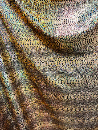 Exotic Snake design metallic poly spandex fabric 4-way stretch 58/60” Sold by the YD. Ships worldwide from Los Angeles California USA