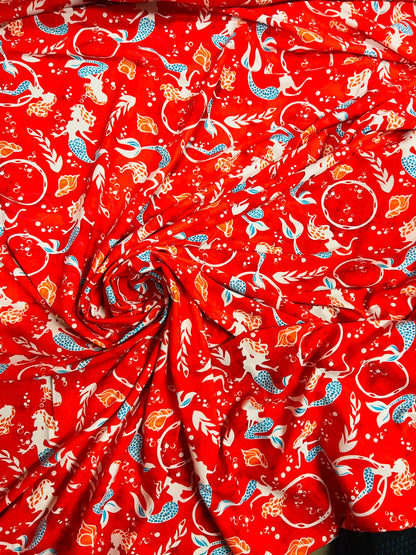 Mermaid design print on best quality of nylon spandex 4-way stretch 58/60” Sold by the YD. Ships worldwide from Los Angeles California USA.