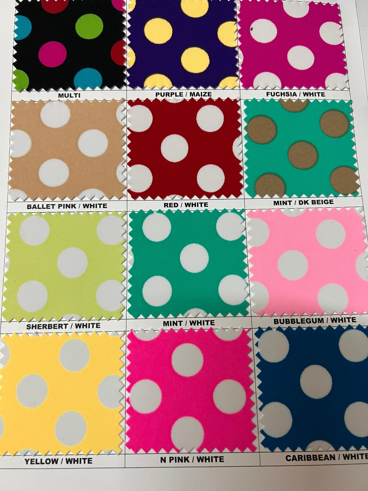 Polka dots design print on best quality of Matte nylon spandex 4-way stretch 58/60” Sold by the YD. Ships worldwide from Los Angeles CA USA.