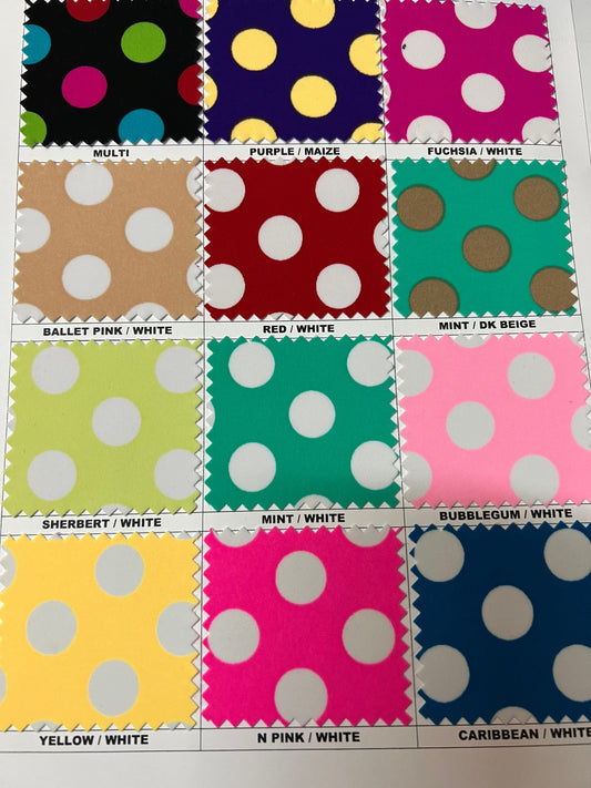 Polka dots design print on best quality of Matte nylon spandex 4-way stretch 58/60” Sold by the YD. Ships worldwide from Los Angeles CA USA.