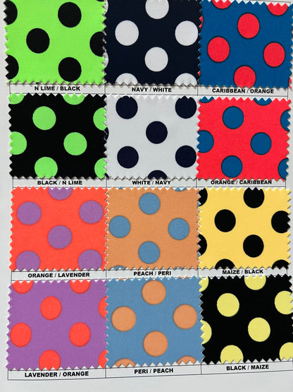 Polka dots design print on best quality of Matte nylon spandex 4-way stretch 58/60” Sold by the YD. Ships worldwide from Los Angeles CA USA.