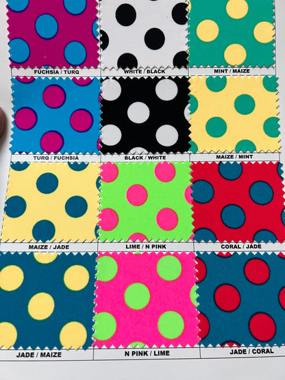 Polka dots design print on best quality of Matte nylon spandex 4-way stretch 58/60” Sold by the YD. Ships worldwide from Los Angeles CA USA.