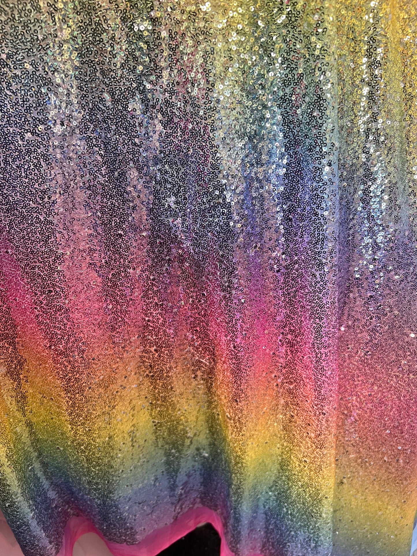 New rainbow mesh with mini sequins stripe rainbow design embroidered on stretch mesh 4-way stretch 50/52” Sold by the YD. Ships Worldwide