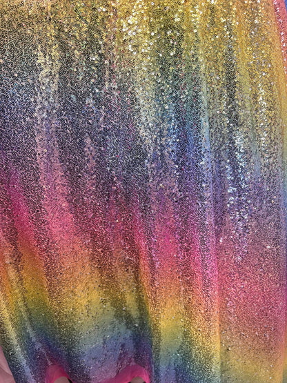 New rainbow mesh with mini sequins stripe rainbow design embroidered on stretch mesh 4-way stretch 50/52” Sold by the YD. Ships Worldwide