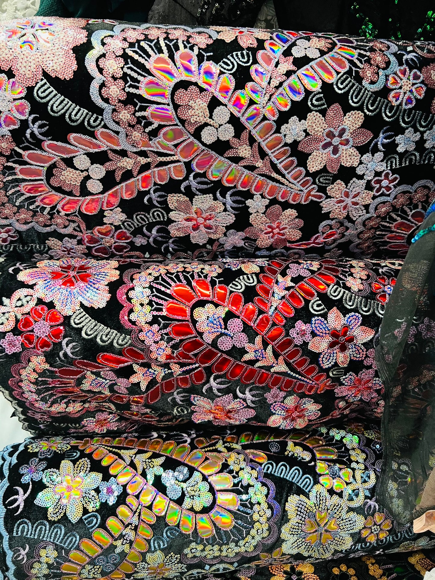 Luxury paisley design embroidered sequins on stretch velvet 2-way stretch 55/57” Sold by the YD. Ships Worldwide from Los Angeles California