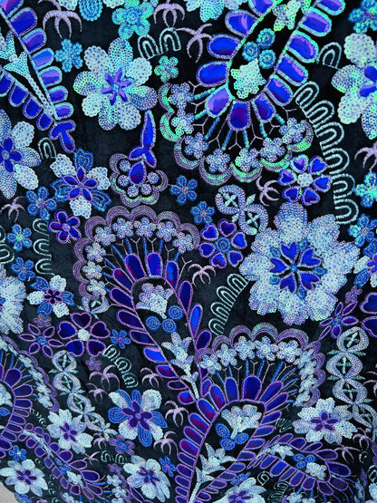 Luxury paisley design embroidered sequins on stretch velvet 2-way stretch 55/57” Sold by the YD. Ships Worldwide from Los Angeles California