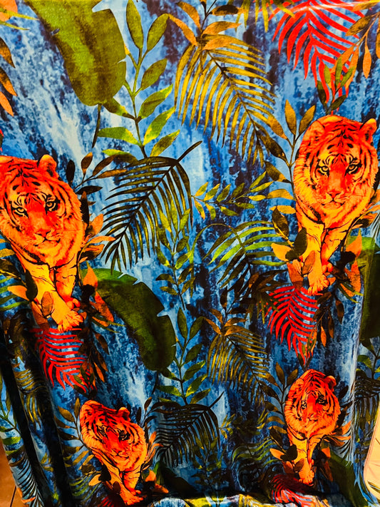 Exotic Tiger design print on great quality of stretch velvet 4-way stretch 58/60” Sold by the YD. Ships worldwide from Los Angeles Californi