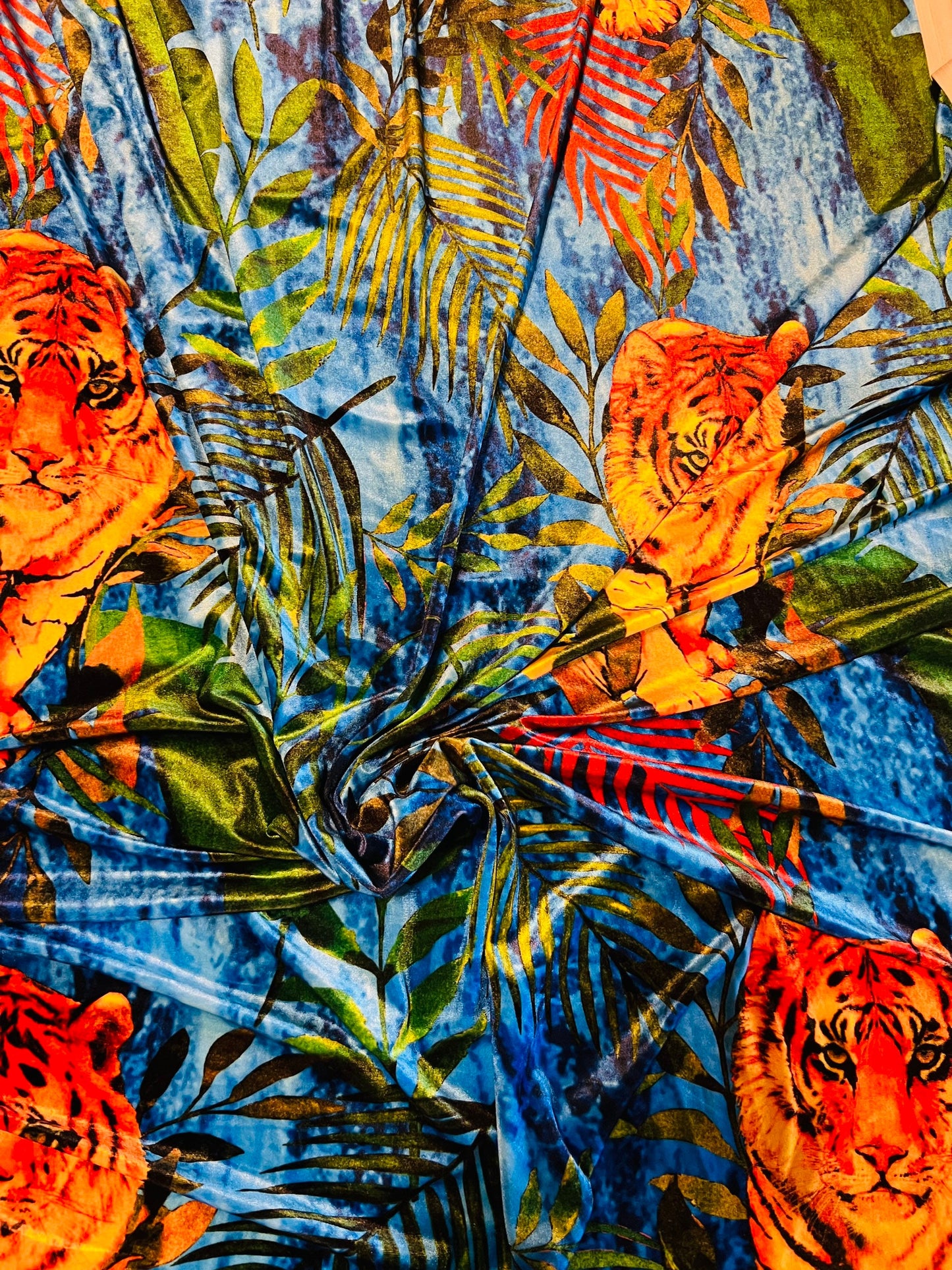 Exotic Tiger design print on great quality of stretch velvet 4-way stretch 58/60” Sold by the YD. Ships worldwide from Los Angeles Californi