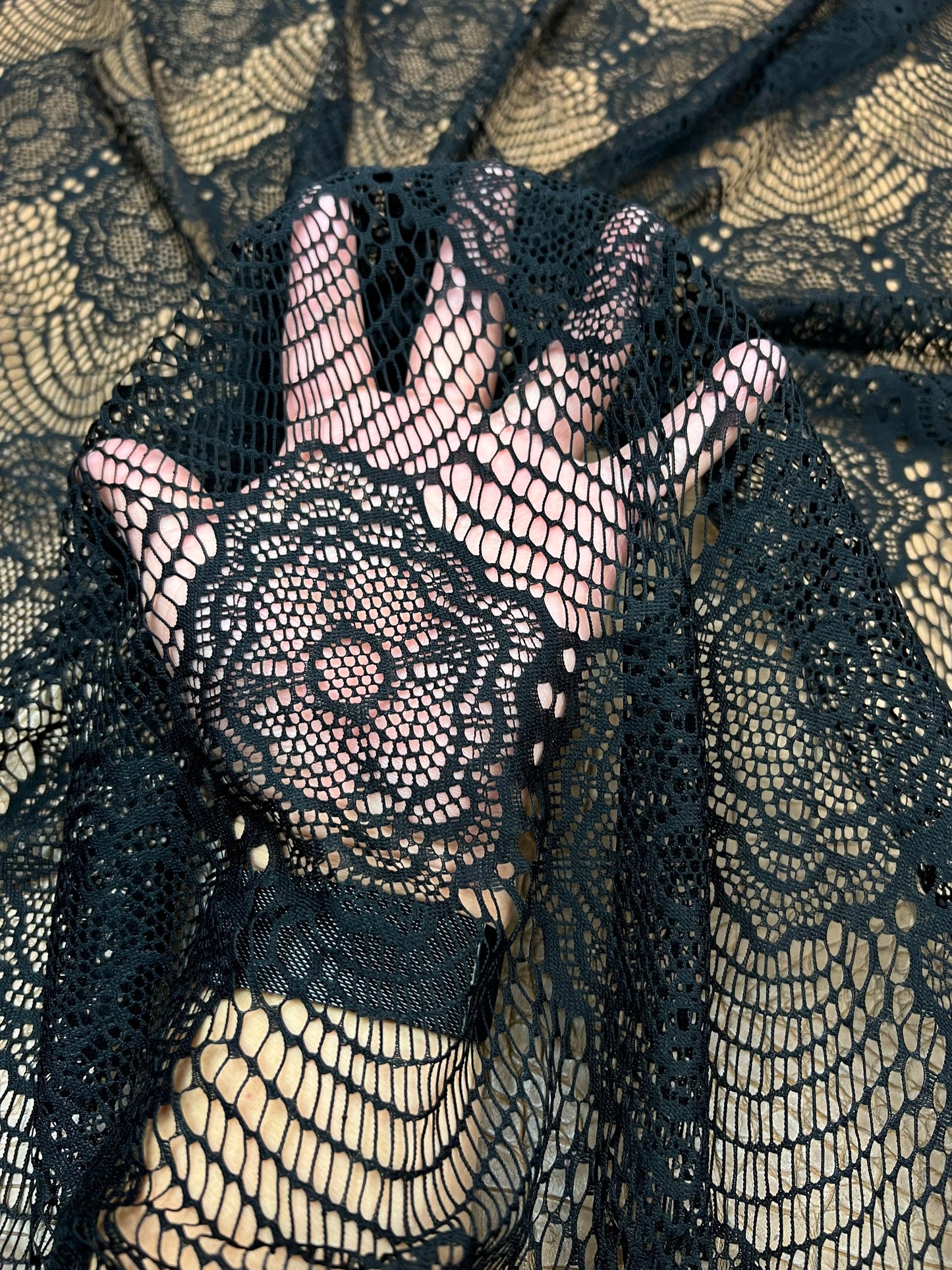 France black lace fine quality of stretch lace 2-way stretch 55/57” Sold by the YD. Ships Worldwide from Los Angeles California USA