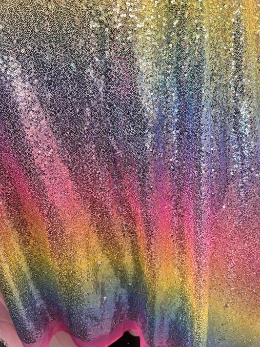New rainbow mesh with mini sequins stripe rainbow design embroidered on stretch mesh 4-way stretch 50/52” Sold by the YD. Ships Worldwide