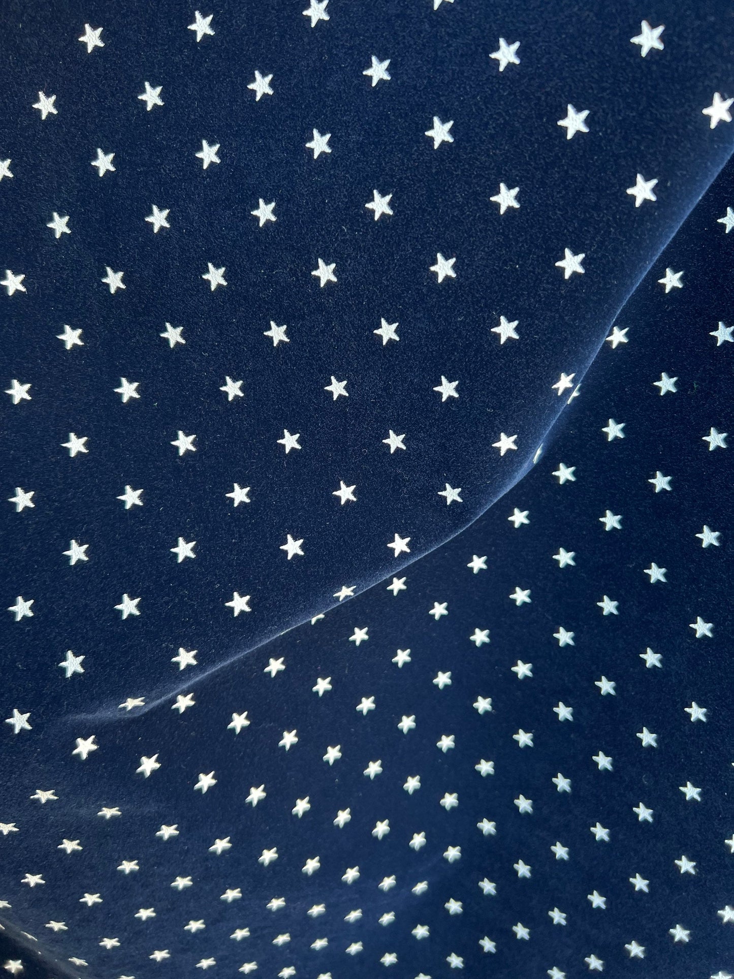 Flocking velvet with white stars non stretch fabric Royal/white 58/60” Sold by the YD. Ships Worldwide from Los Angeles California USA.