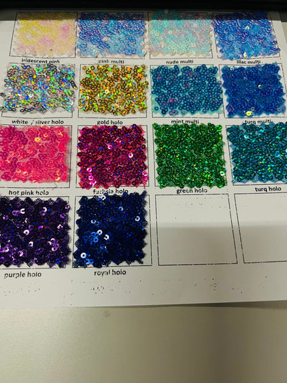 New sequins cosmic iridescent mini glitz sequins embroidered on stretch power mesh 4-Way 55/56” Sold by the YD. Ships worldwide from Los Ang