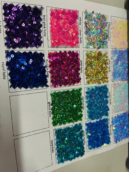 New sequins cosmic iridescent mini glitz sequins embroidered on stretch power mesh 4-Way 55/56” Sold by the YD. Ships worldwide from Los Ang