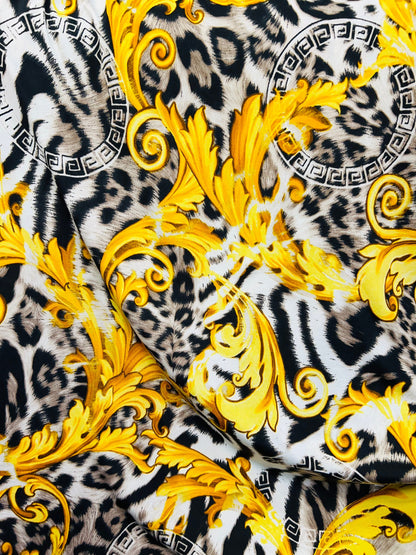 New Luxury modern fashion design print on poly spandex brand fabric medium weight 4-way stretch 58/60” Sold by the YD. Ships Worldwide