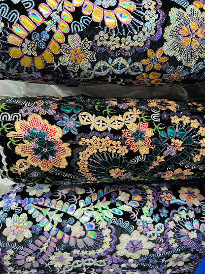 Luxury paisley design embroidered sequins on stretch velvet 2-way stretch 55/57” Sold by the YD. Ships Worldwide from Los Angeles California