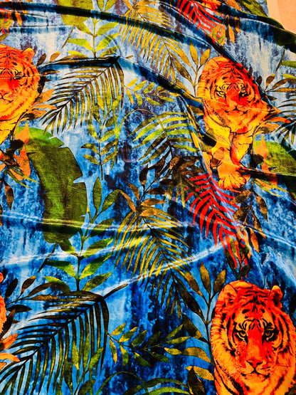 Exotic Tiger design print on great quality of stretch velvet 4-way stretch 58/60” Sold by the YD. Ships worldwide from Los Angeles Californi