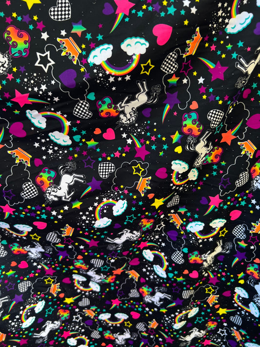 Unicorn and clouds design print on great quality of nylon spandex 4-way stretch 58/60” Sold by the YD. Ships Worldwide from Los Angeles CA.