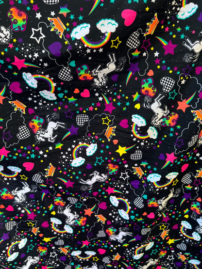 Unicorn and clouds design print on great quality of nylon spandex 4-way stretch 58/60” Sold by the YD. Ships Worldwide from Los Angeles CA.