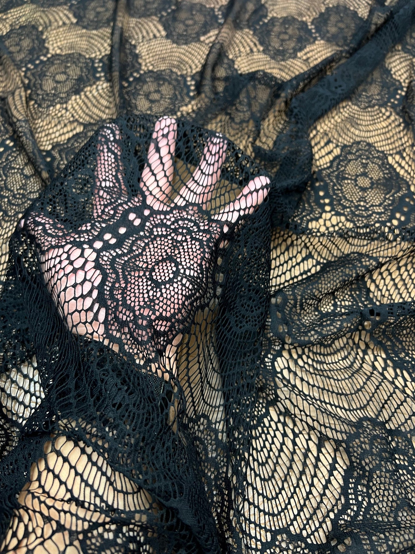 France black lace fine quality of stretch lace 2-way stretch 55/57” Sold by the YD. Ships Worldwide from Los Angeles California USA