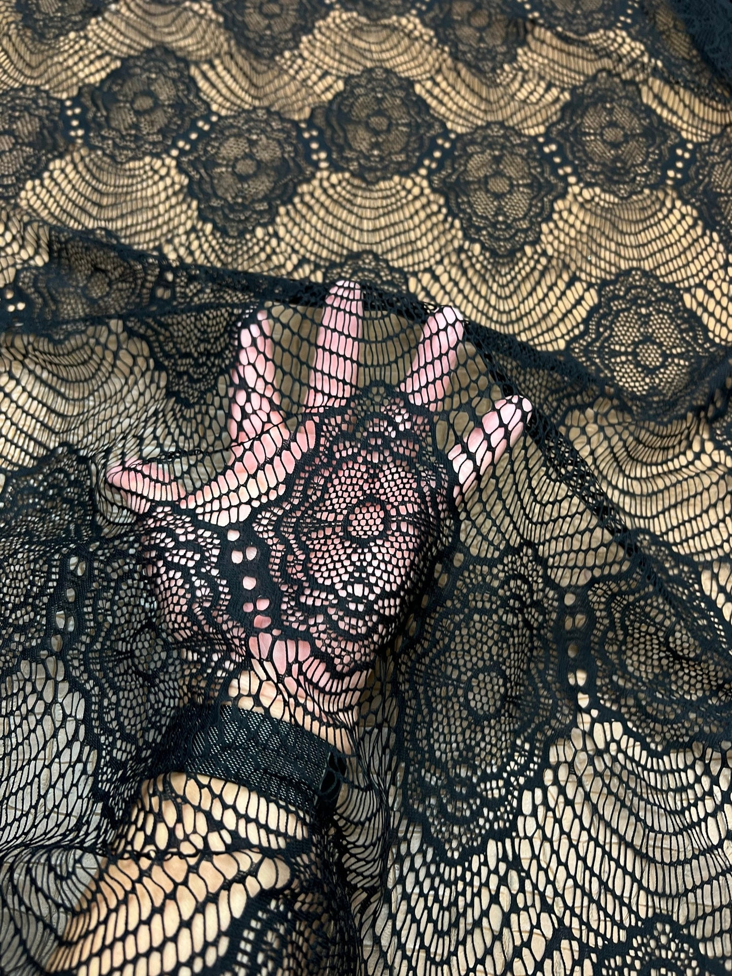 France black lace fine quality of stretch lace 2-way stretch 55/57” Sold by the YD. Ships Worldwide from Los Angeles California USA