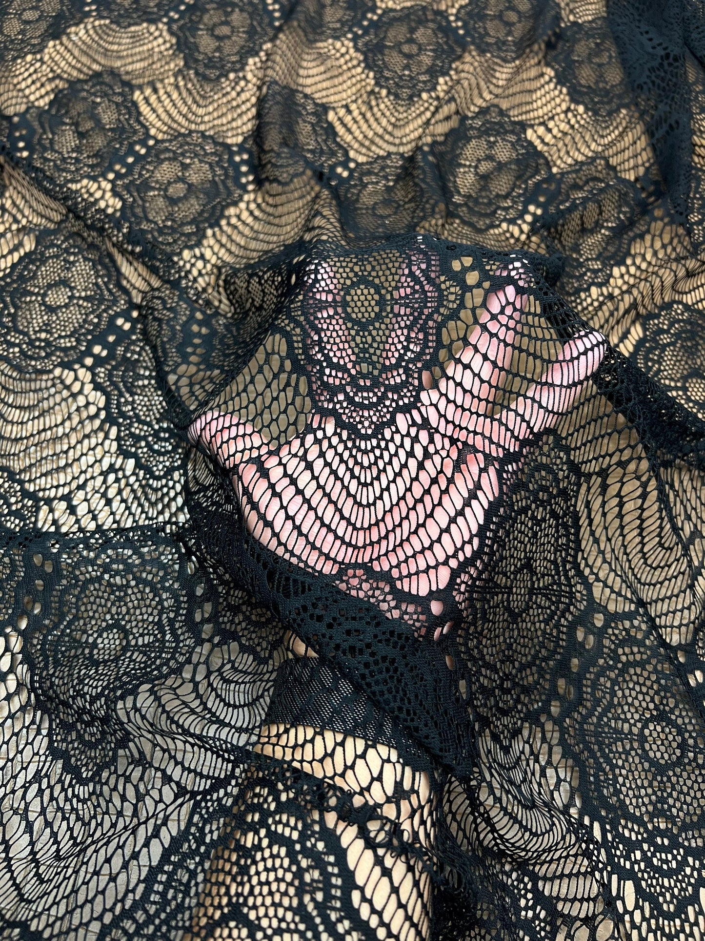 France black lace fine quality of stretch lace 2-way stretch 55/57” Sold by the YD. Ships Worldwide from Los Angeles California USA
