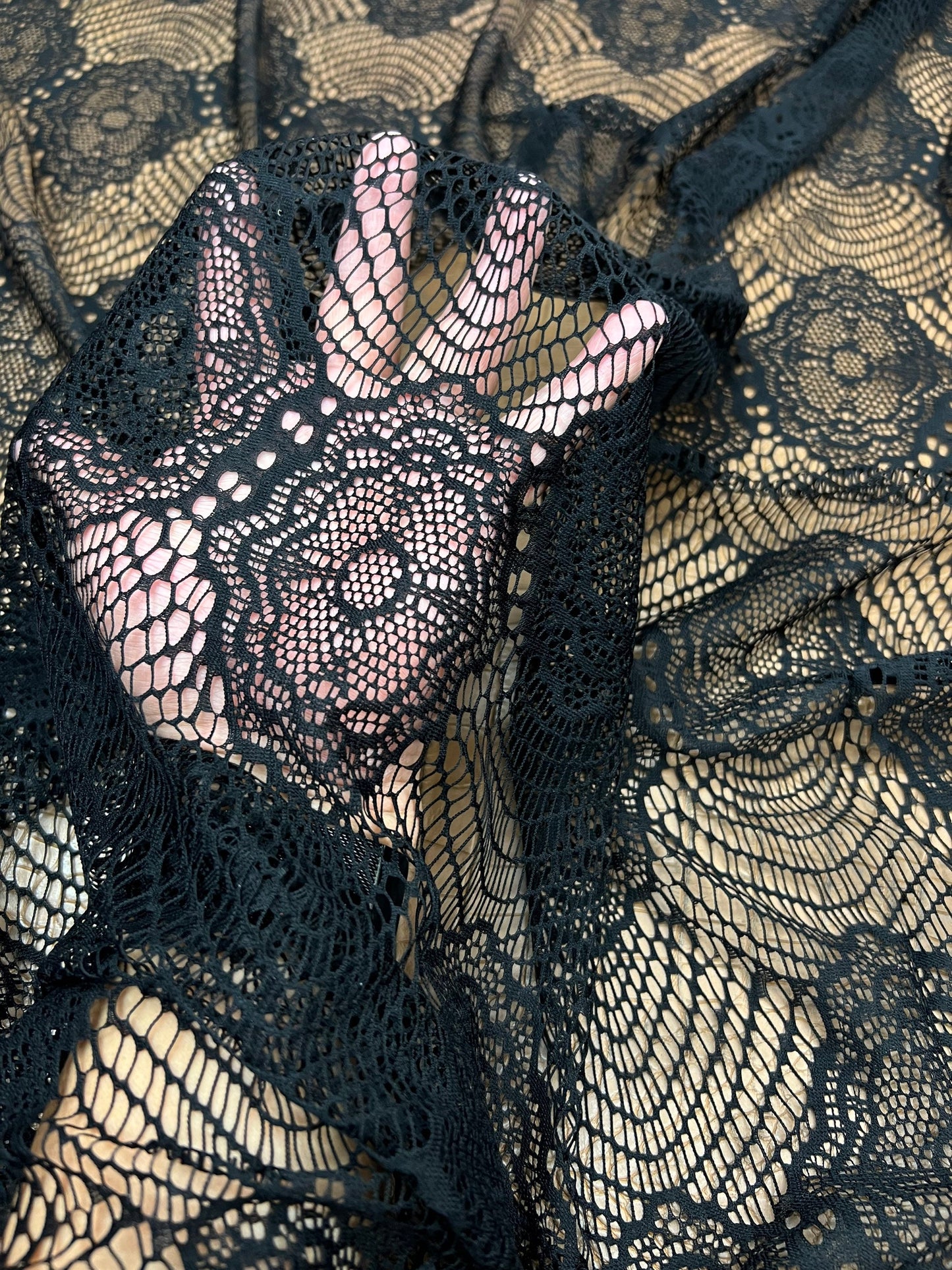 France black lace fine quality of stretch lace 2-way stretch 55/57” Sold by the YD. Ships Worldwide from Los Angeles California USA