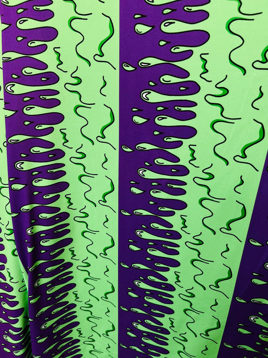 Abstract design green/purple print on great quality of poly spandex 4-way stretch 58/60” Sold by the YD. Ships Worldwide from Los Ángeles CA