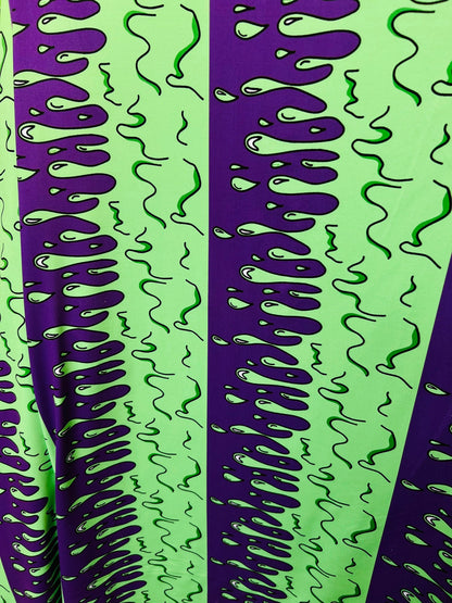 Abstract design green/purple print on great quality of poly spandex 4-way stretch 58/60” Sold by the YD. Ships Worldwide from Los Ángeles CA