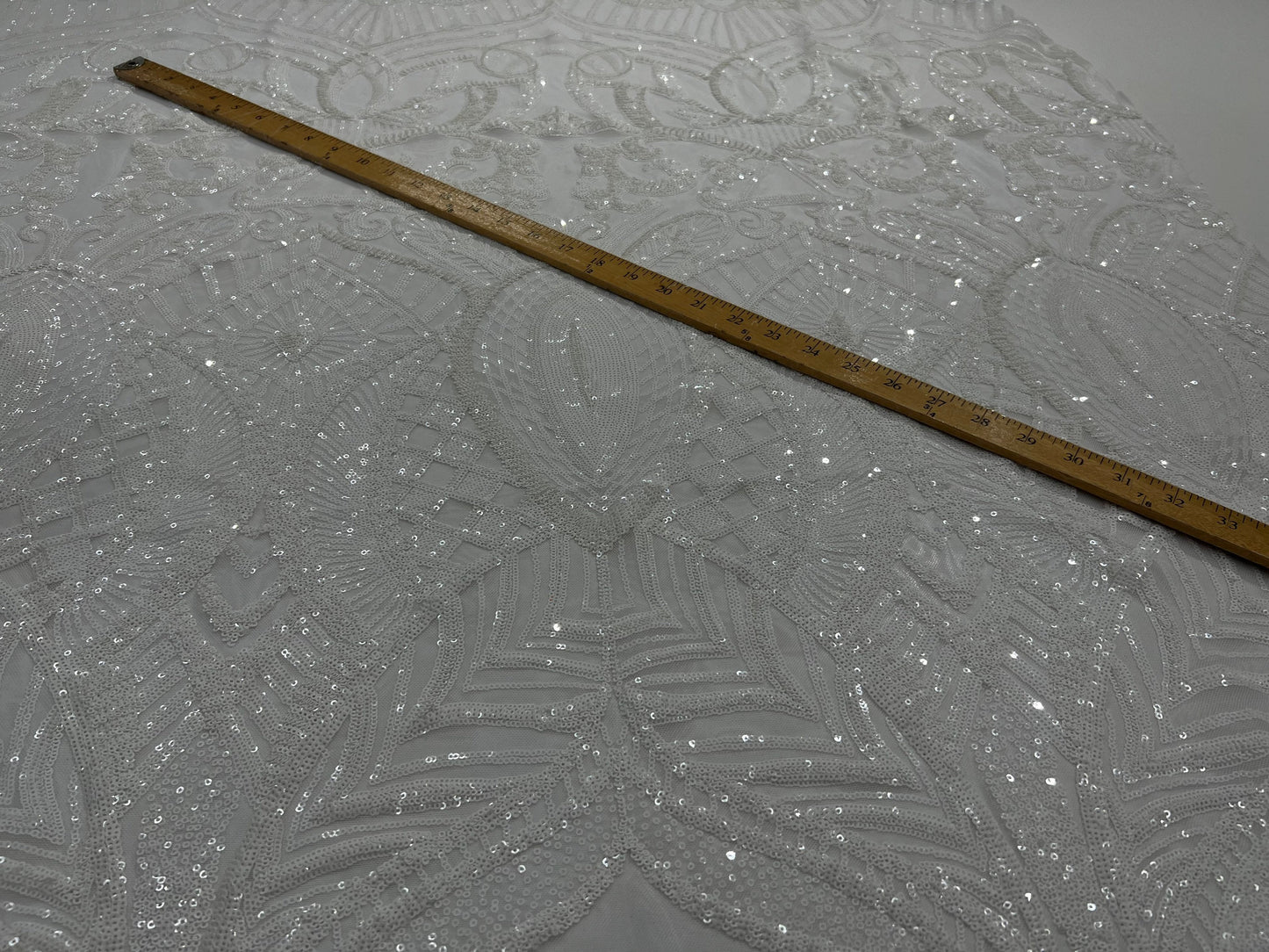 New Luxury iridescent sequins Diana design embroidered on  4-way stretch mesh 55/57” Sold by the YD. Ships Worldwide from Los Ángeles Califo