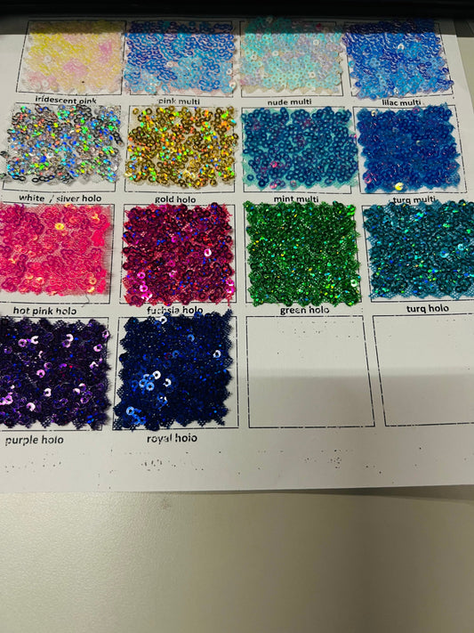 New sequins cosmic iridescent mini glitz sequins embroidered on stretch power mesh 4-Way 55/56” Sold by the YD. Ships worldwide from Los Ang