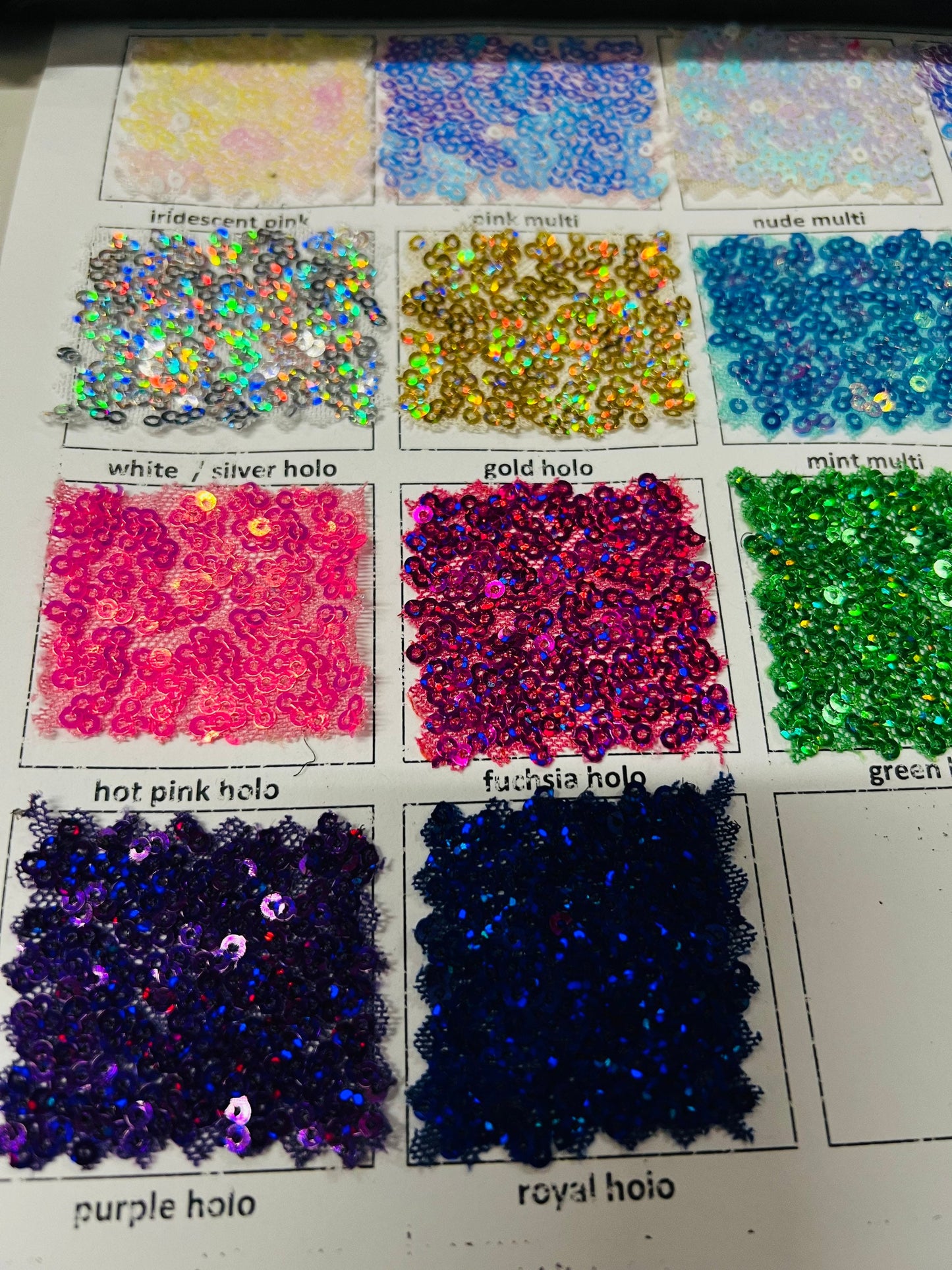New sequins cosmic iridescent mini glitz sequins embroidered on stretch power mesh 4-Way 55/56” Sold by the YD. Ships worldwide from Los Ang