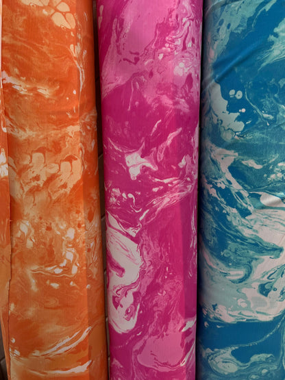 New tie dye ribbed nylon spandex 4-way stretch 58/60” Sold by the YD. Ships Worldwide from Los Angeles California USA.