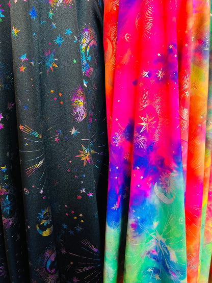 Moon and stars design print on best quality of nylon spandex 4-way stretch 58/60” Sold by the YD. Ships Worldwide from Los Angeles cali