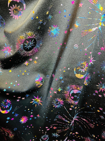 Moon and stars design print on best quality of nylon spandex 4-way stretch 58/60” Sold by the YD. Ships Worldwide from Los Angeles cali