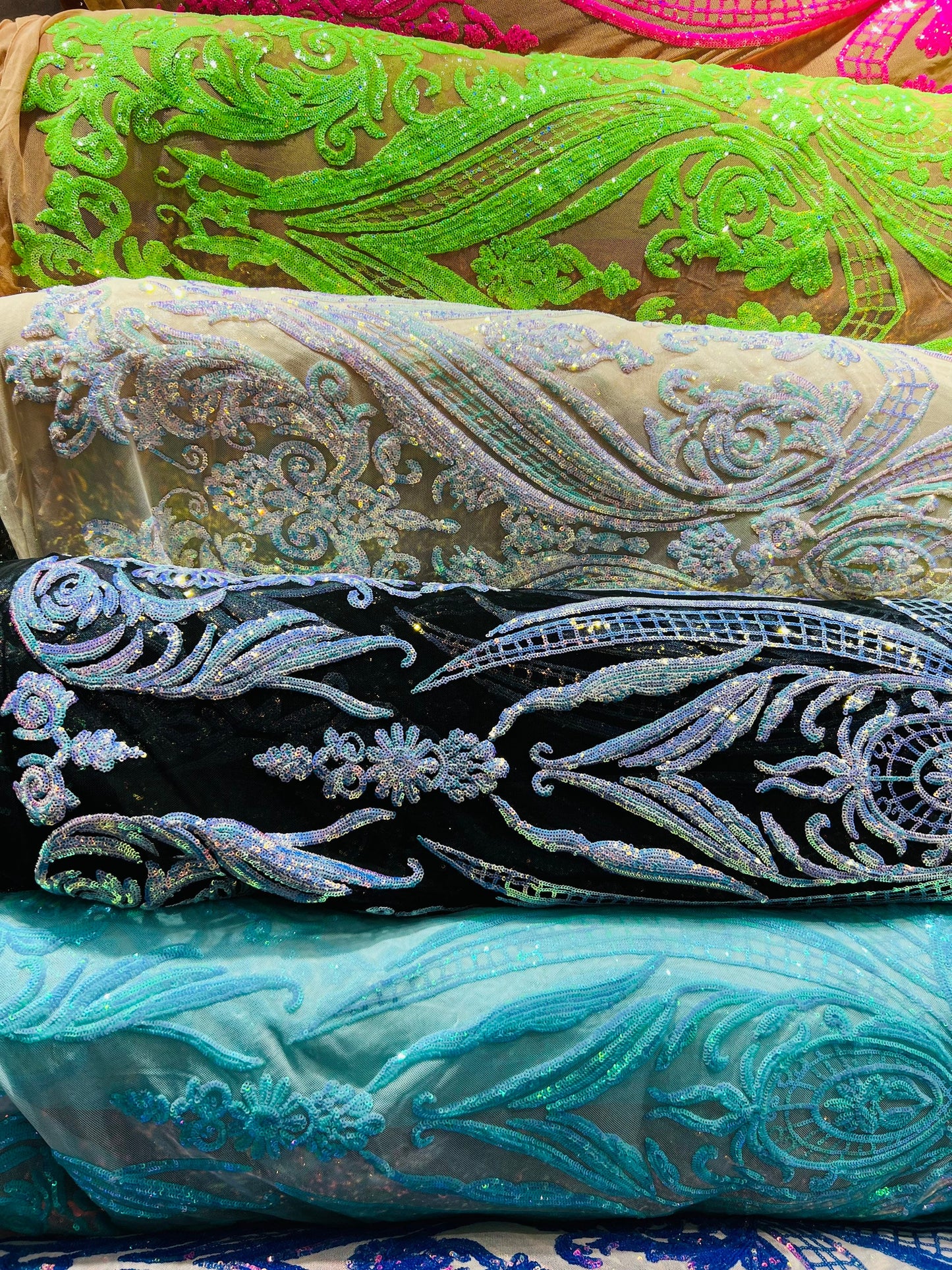 New Beyonce design Luxury embroidered sequins on stretch mesh 4-way 55/57” Sold by the YD. Ships Worldwide from Los Angeles California USA.
