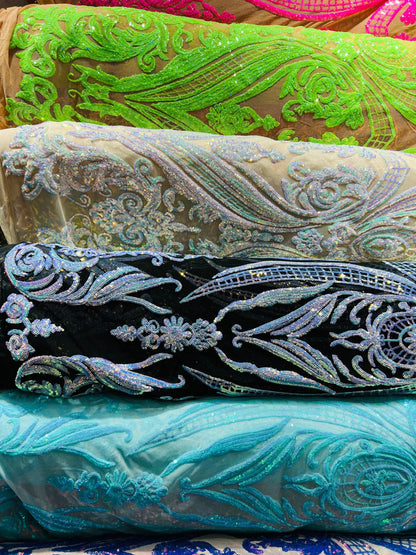 New Beyonce design Luxury embroidered sequins on stretch mesh 4-way 55/57” Sold by the YD. Ships Worldwide from Los Angeles California USA.