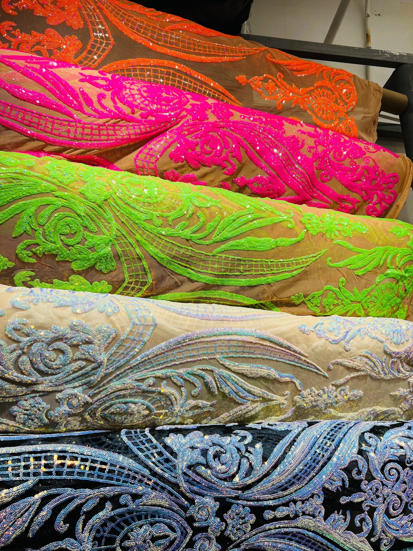 New Beyonce design Luxury embroidered sequins on stretch mesh 4-way 55/57” Sold by the YD. Ships Worldwide from Los Angeles California USA.