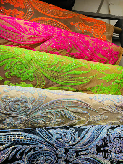 New Beyonce design Luxury embroidered sequins on stretch mesh 4-way 55/57” Sold by the YD. Ships Worldwide from Los Angeles California USA.