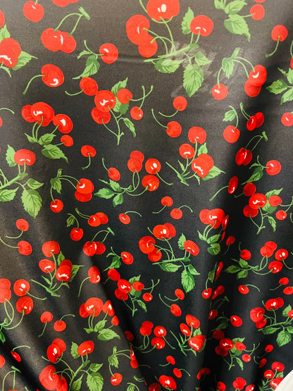 Cherry design Black/Red print on great quality of nylon spandex 4-way stretch 58/60” Sold by the YD. Ships Worldwide from Los Angeles CA