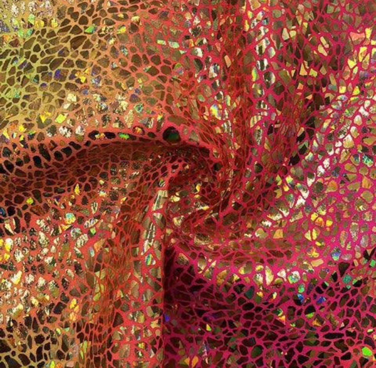Reptile hologram design metallic nylon spandex 4-way stretch 58/60” Yellow/Pink/Gold