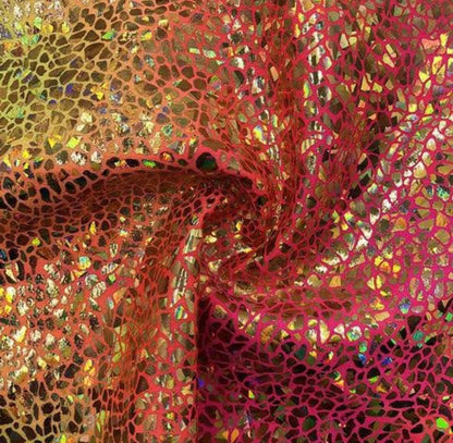 Reptile hologram design metallic nylon spandex 4-way stretch 58/60” Yellow/Pink/Gold