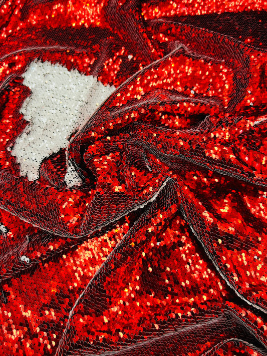 Mermaid sequins red/white reversible sequins embroidered on spandex base 2-way stretch 55/57” Sold by the YD. Ships Worldwide from Los Angel
