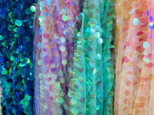 Paillette sequins iridescent multicolors embroidered on stretch mesh base 2-way stretch Sold by the yd ships worldwide