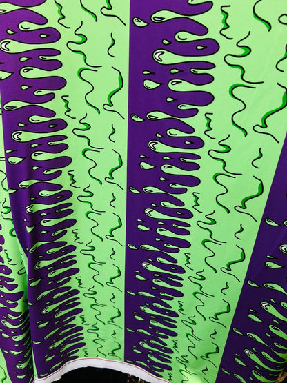 Abstract design green/purple print on great quality of poly spandex 4-way stretch 58/60” Sold by the YD. Ships Worldwide from Los Ángeles CA