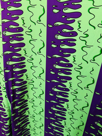 Abstract design green/purple print on great quality of poly spandex 4-way stretch 58/60” Sold by the YD. Ships Worldwide from Los Ángeles CA