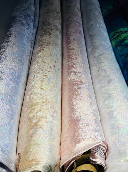 Snake design iridescent foil on stretch velvet 4-way stretch 58/60” Sold by the YD. Ships Worldwide from Los Angeles California USA.